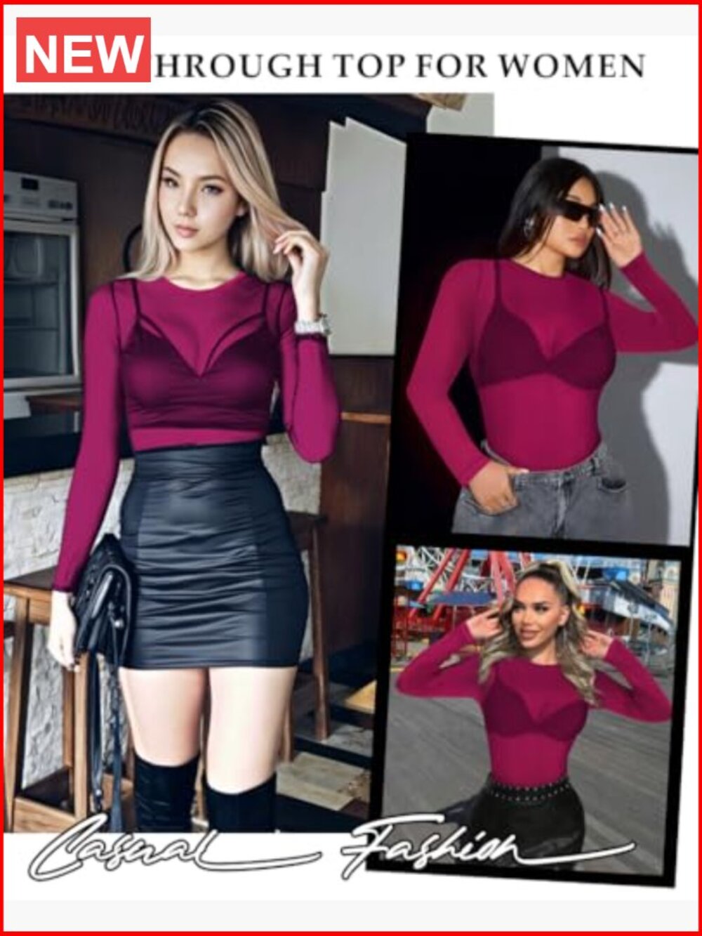 Mesh See Through Long Sleeve Bodycon Sheer Blouse Clubwear - Picture 6 of 7